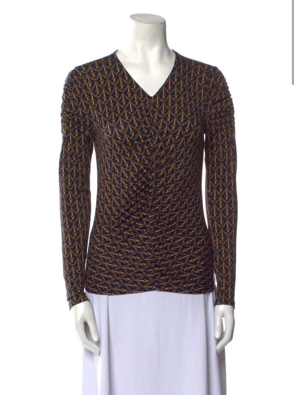VERONICA BEARD Navy & Gold Ruched Long-Sleeve V-Neck Top - Rayon & 5% Spandex XS